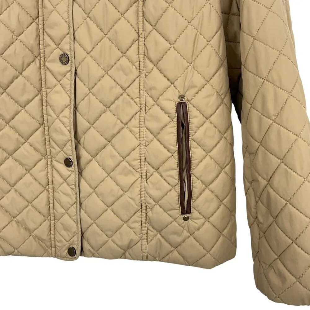 Ralph Lauren Diamond Quilted Barn Jacket Womens L Faux Leather Trim Birch Tan - Picture 4 of 16